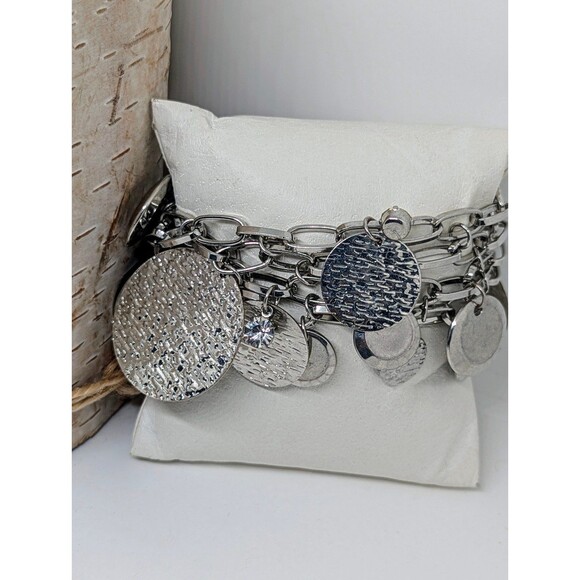 Vintage MultiChain Metal Silvertone Hammered Discs~Crystal Charm Toggle Bracelet - Picture 2 of 6
